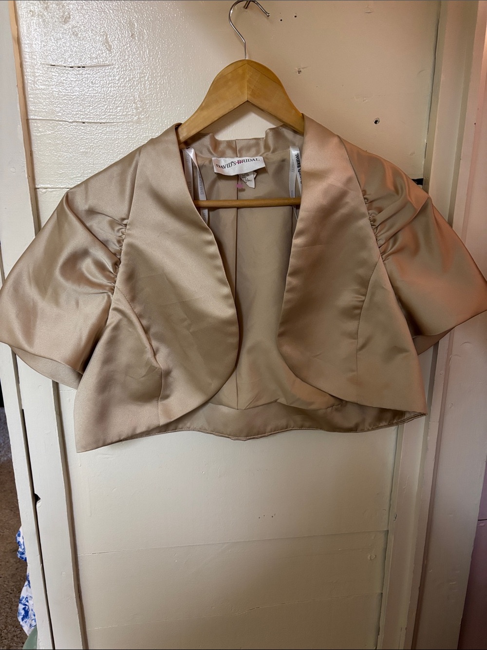 David's Bridal Champagne Satin Short Sleeve Bolero